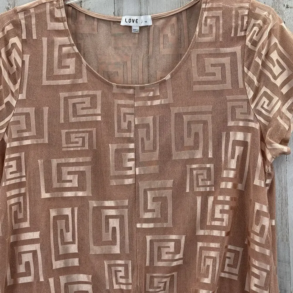 LOVE J Women's Plus Size 1X Rose Gold Short Sleeve Tie-Knot Cover-Up Sheer Dress